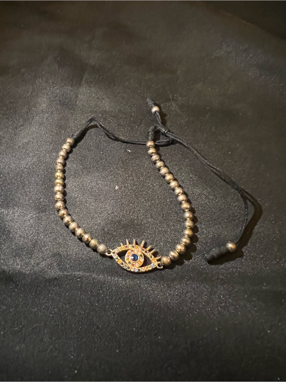 Evil Eye Beaded Bracelet in Gold tone and Black cord adjustable